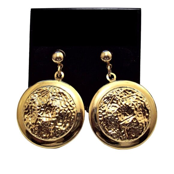 Hammered Discs Hoop Pierced Post Earrings Gold Tone - Picture 4 of 5